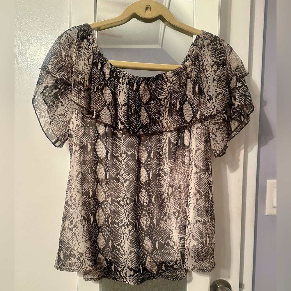 Off-Shoulder Snake Print Blouse - Brown & Cream